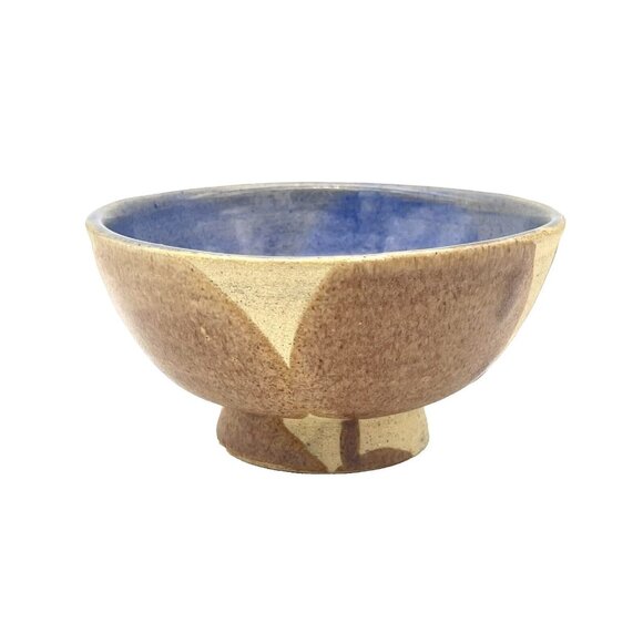 Hand Crafted Other - Studio Art Pottery Footed Rice Bowl Blue Natural Clay and Glaze Exterior Signed